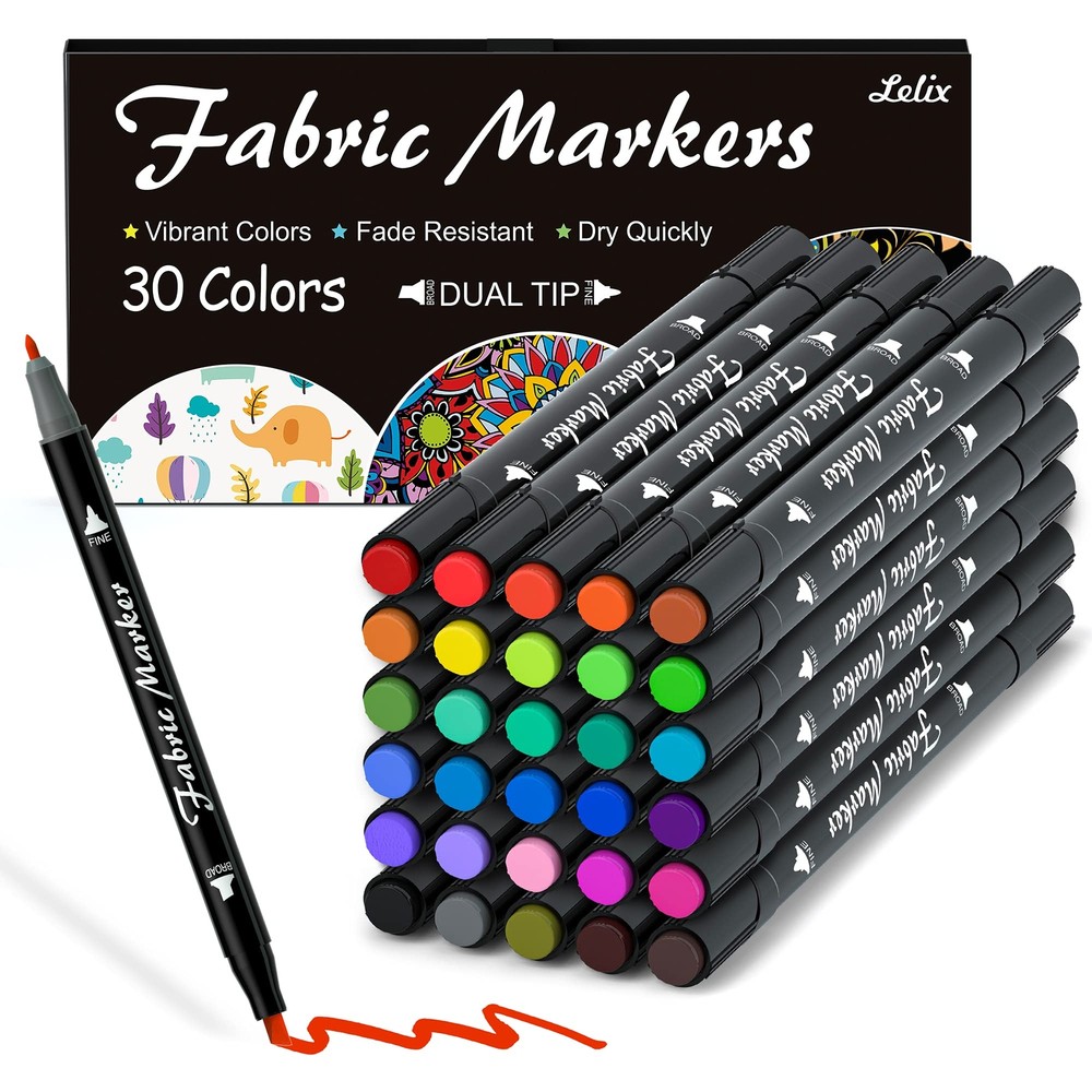 Lelix Fabric Markers, 30 Permanent Colors Dual Tip Fabric Pens for Writing Pa...