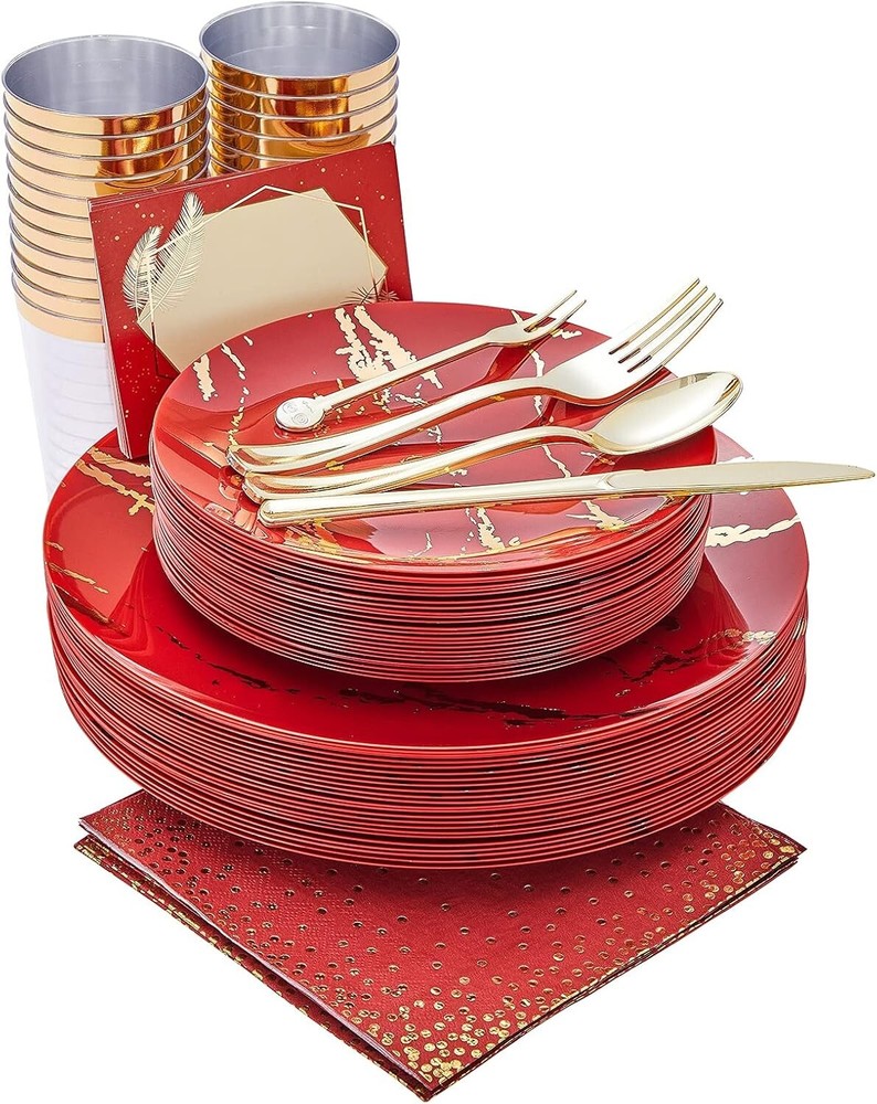 N9R 225PCS Red Gold Plastic Plates Set, Disposable Dinnerware Set Include 25 ...