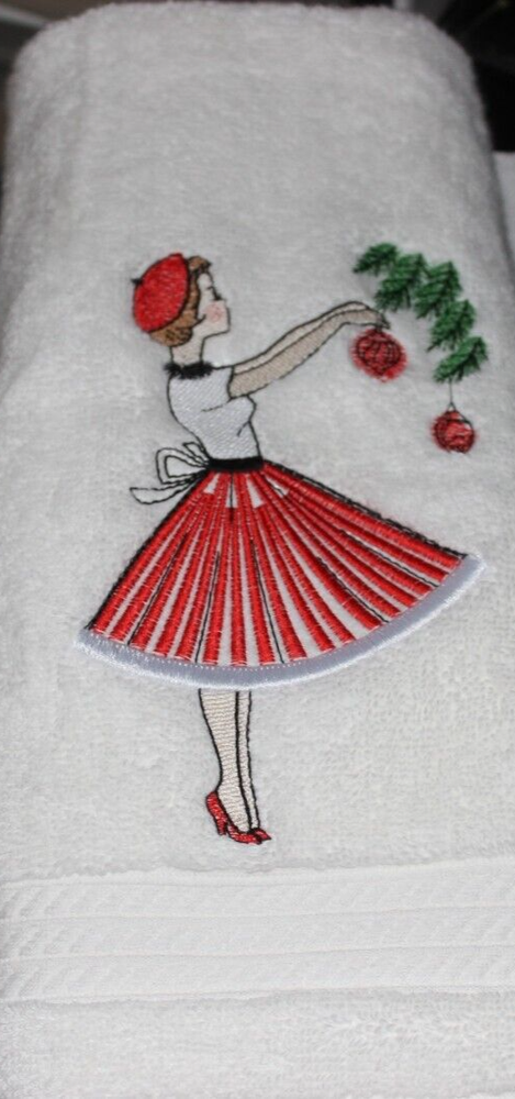 SALE CHRISTMAS RETRO LADY Bathroom WHITE HAND TOWEL EMBROIDERED-image