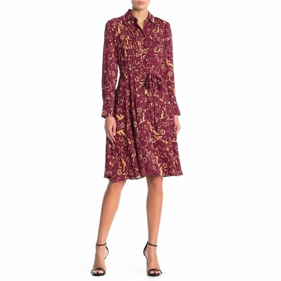 Nanette Lepore Shirtdress with Belt Sz 14 Long Sleeves Floral Collared