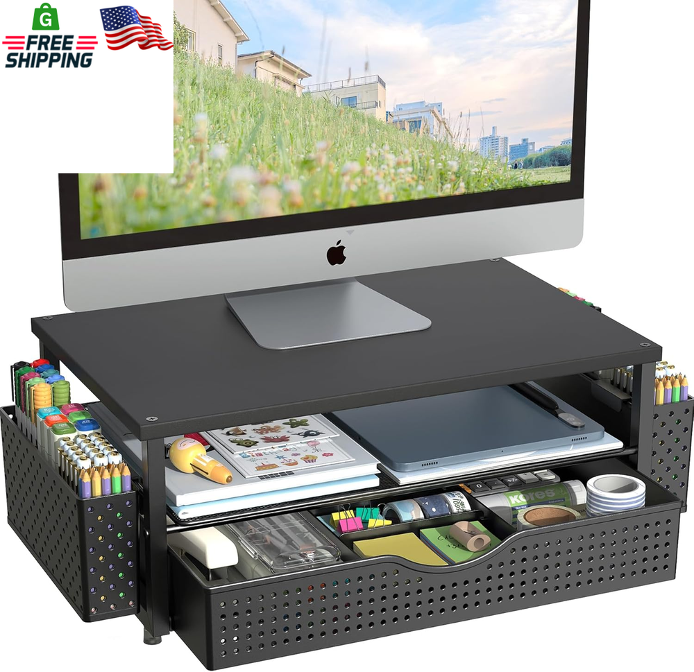 Computer Monitor Stand Riser Desk Organizer With Drawer Pen Holders Black