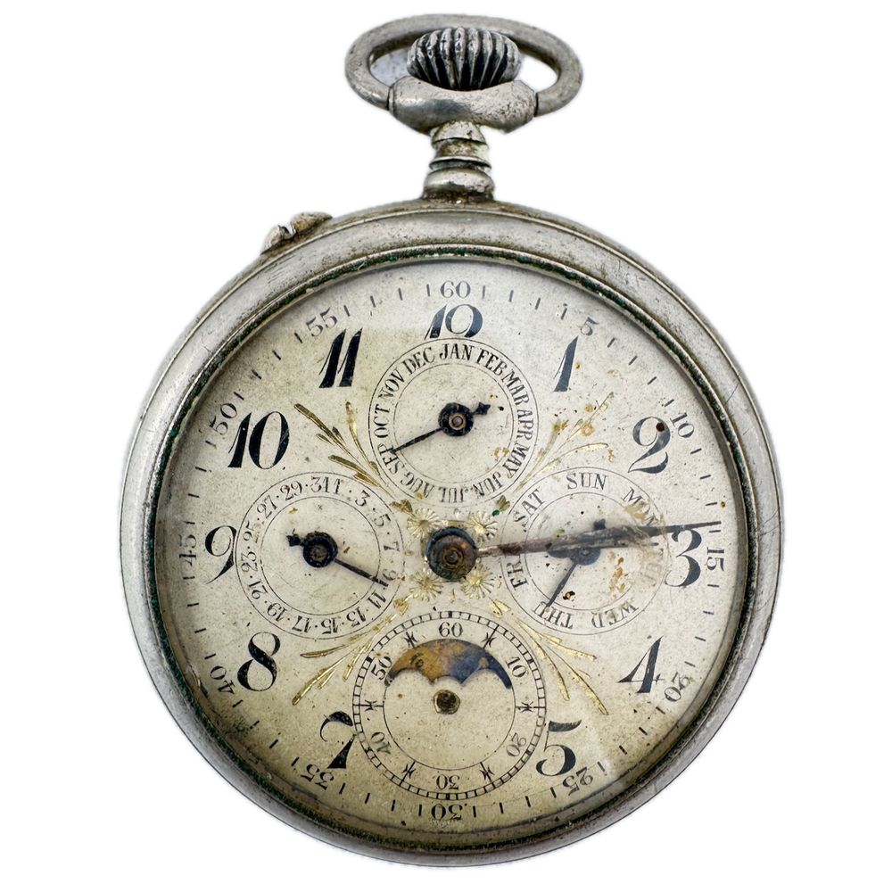 Antique Hasler Triple Date Moonphase Mechanical Pocket Watch Nickel Swiss