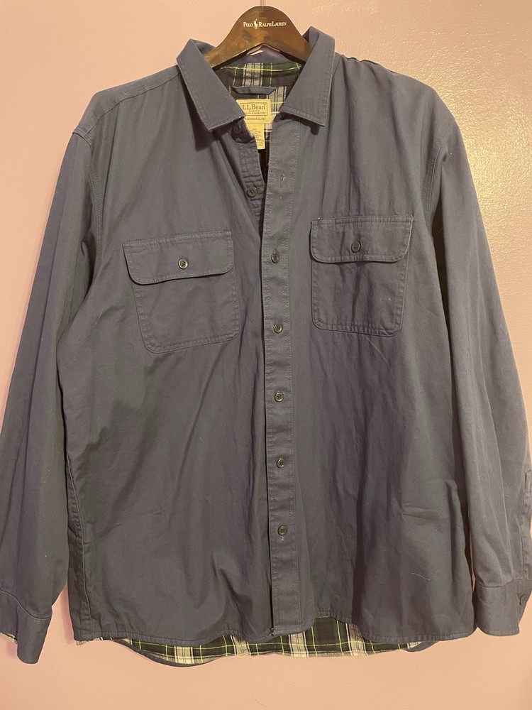 LL Bean Shirt Mens Large Blue Flannel Lined Canvas Outdoors Jacket Shacket