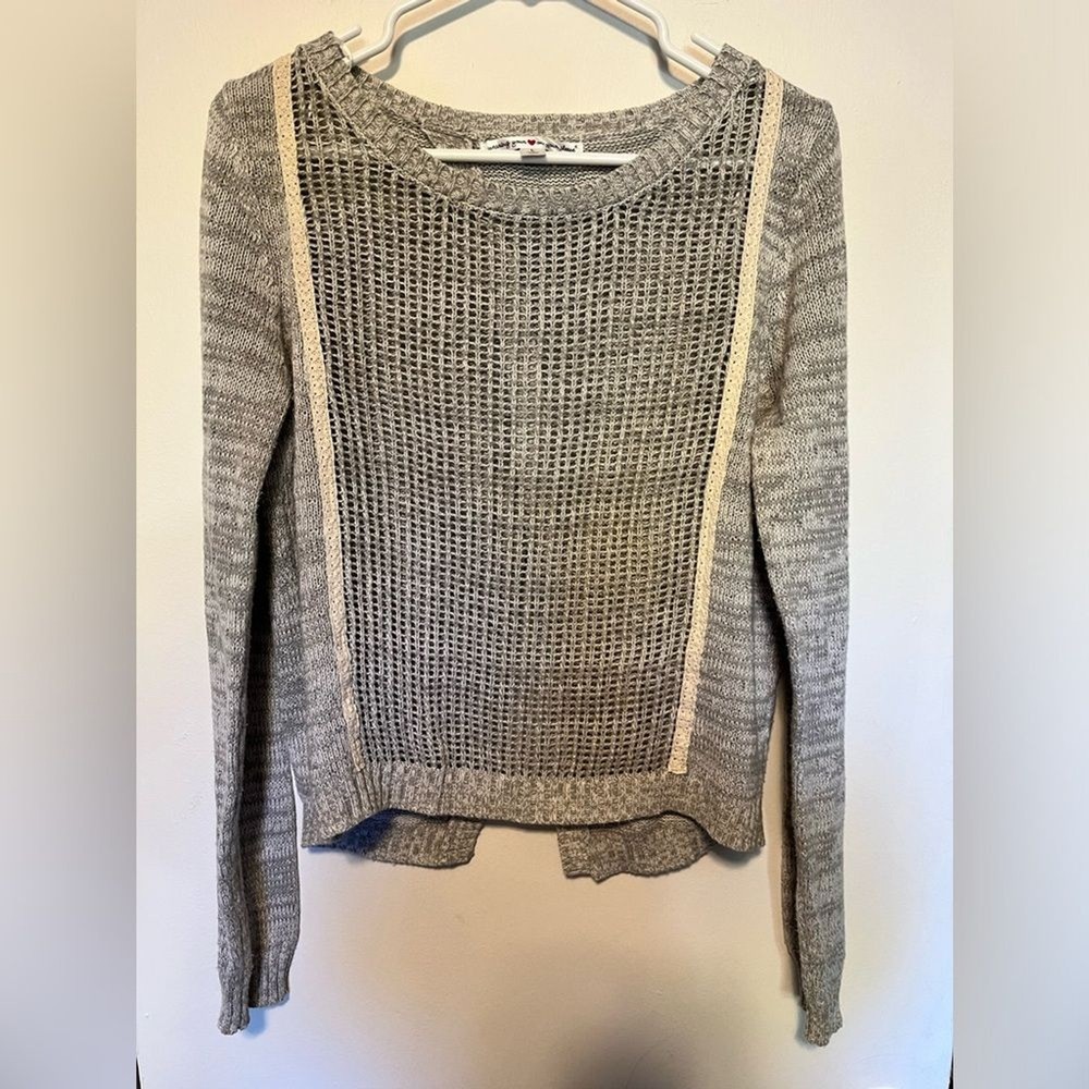 Wearing Your Heart On Your Sleeve- Grey Cross Back Sweater Size L