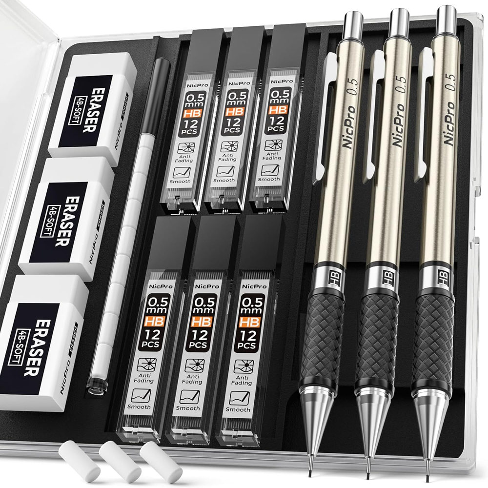 0.5 Mm Art Mechanical Pencil Set in Storage Case, 3 PCS Metal Drafting Pencil Le