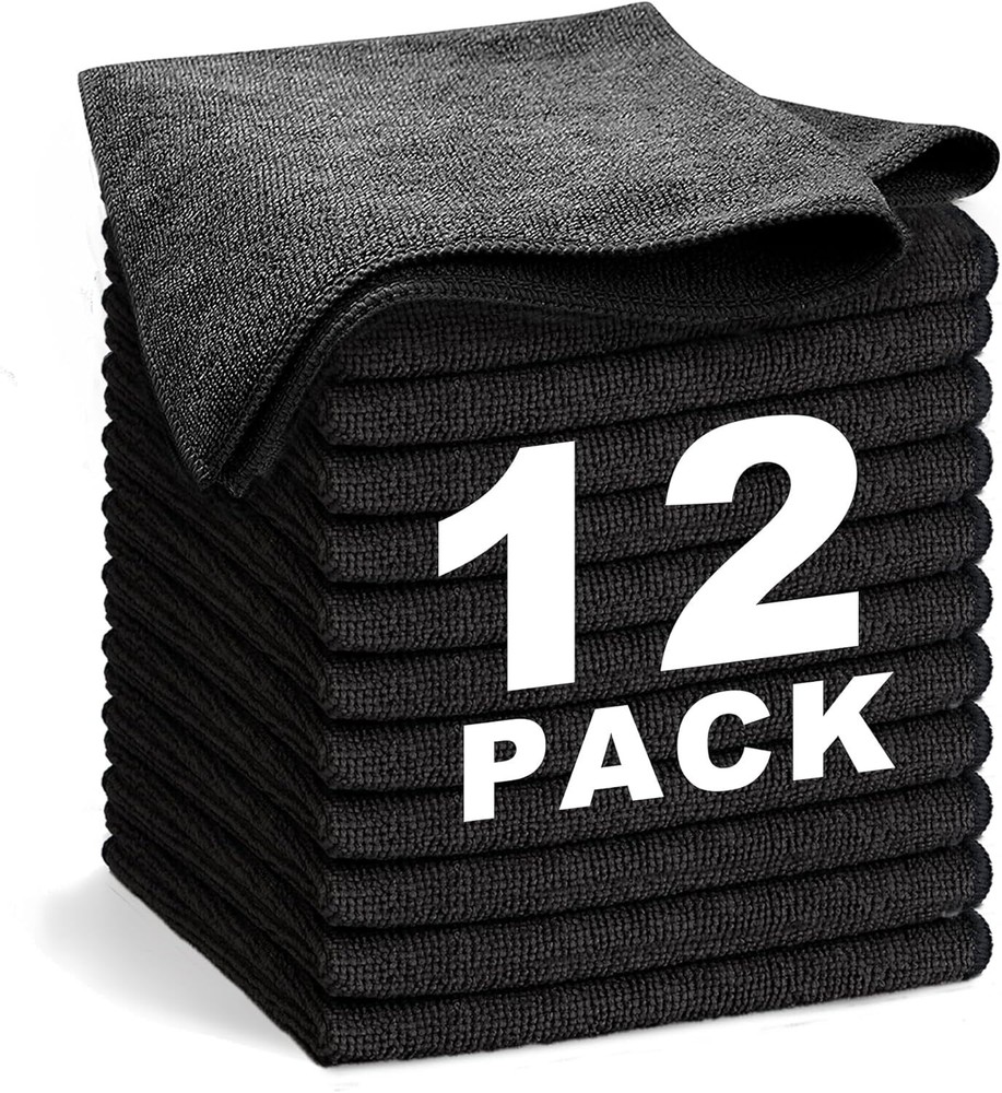 12 Pack 13x13 Black Microfiber Cleaning Cloths Lint-Free Reusable