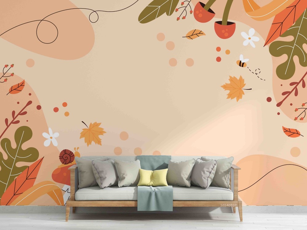 3D Autumn Leaves Mushroom Watercolor Wall Murals Wallpaper Murals Wall Sticker 2