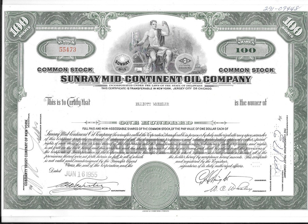 SUNRAY MID-CONTIN. OIL COMPANY 1955  XF OLD  VINTAGE  STOCK CERTIFICATE
