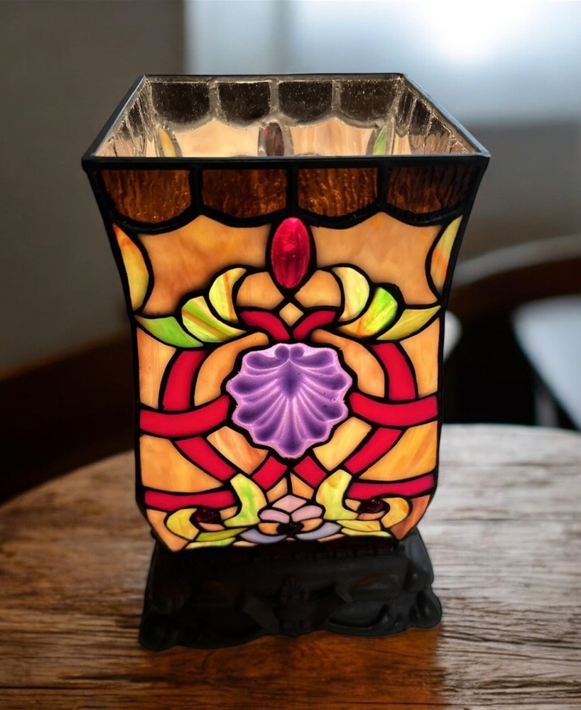 Large Stained Glass Square Table Lamp/Night Light Tiffany Style 11.5x7” Cottage