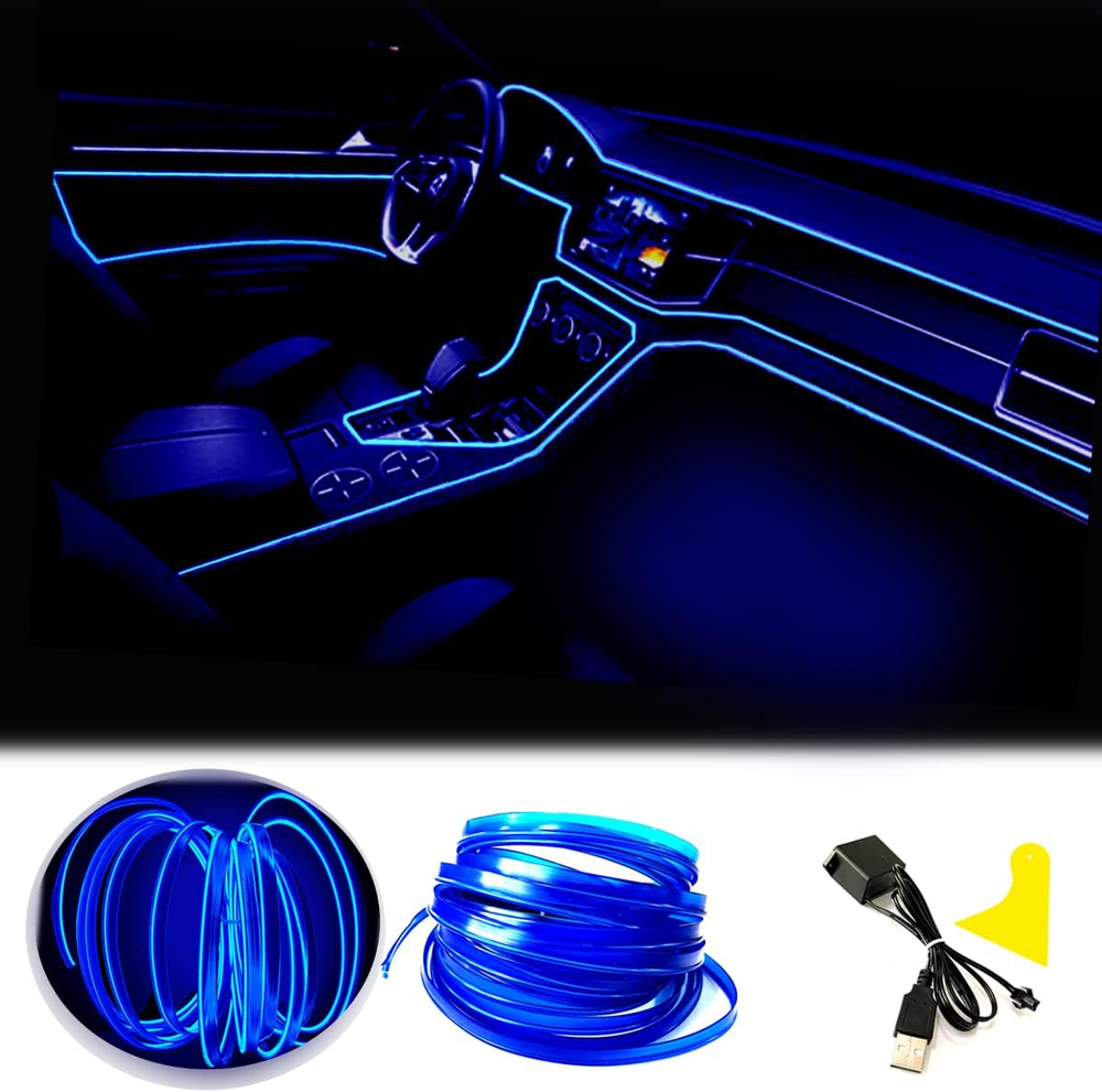 El Wire Blue Interior Car LED Strip Lights, 2M Neon Wire USB 5V with Fuse Protec