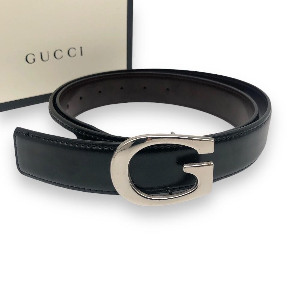 Gucci Men's Black Leather G-Buckle Belt Silver Hardware