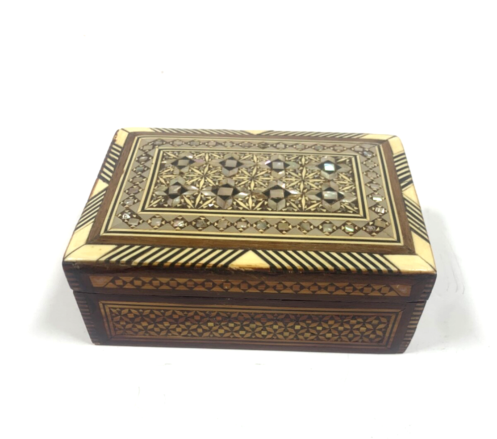 Vintage Egyptian Marquetry Wooden Box with Handcrafted Inlay Design