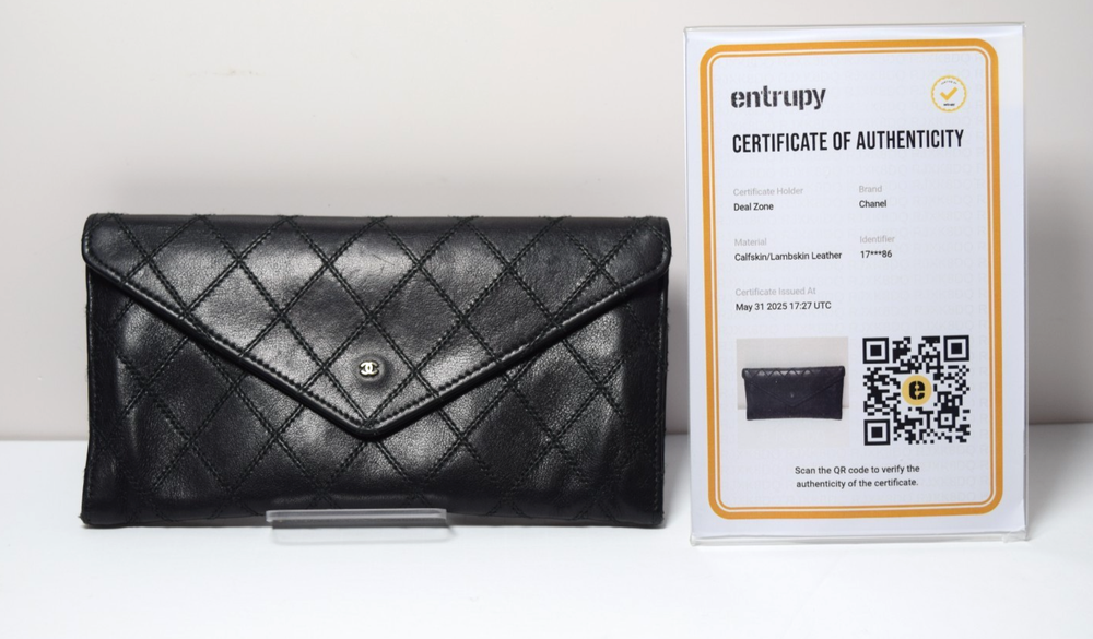 Chanel Vintage Diamond Stitch Envelope Wallet in Black Caviar Leather  