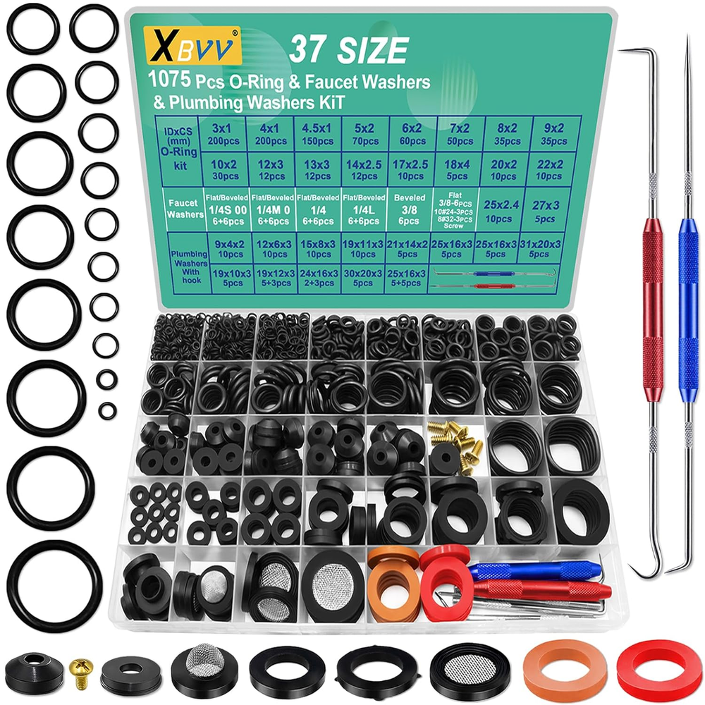 37 Size 1075 Pcs Faucet Washers & O-Rings Kit & Plumbing Gasket with Pick Hook