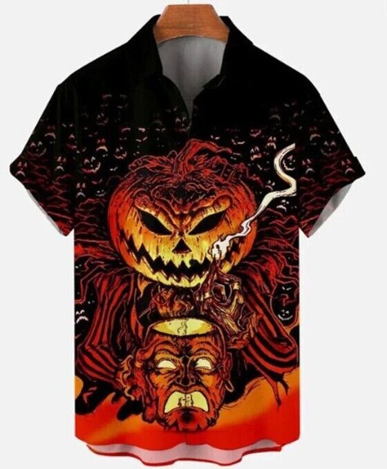 Halloween Creepy Pumpkin Pattern 3D Print Hawaiian Buttoned Shirt Lapel Top