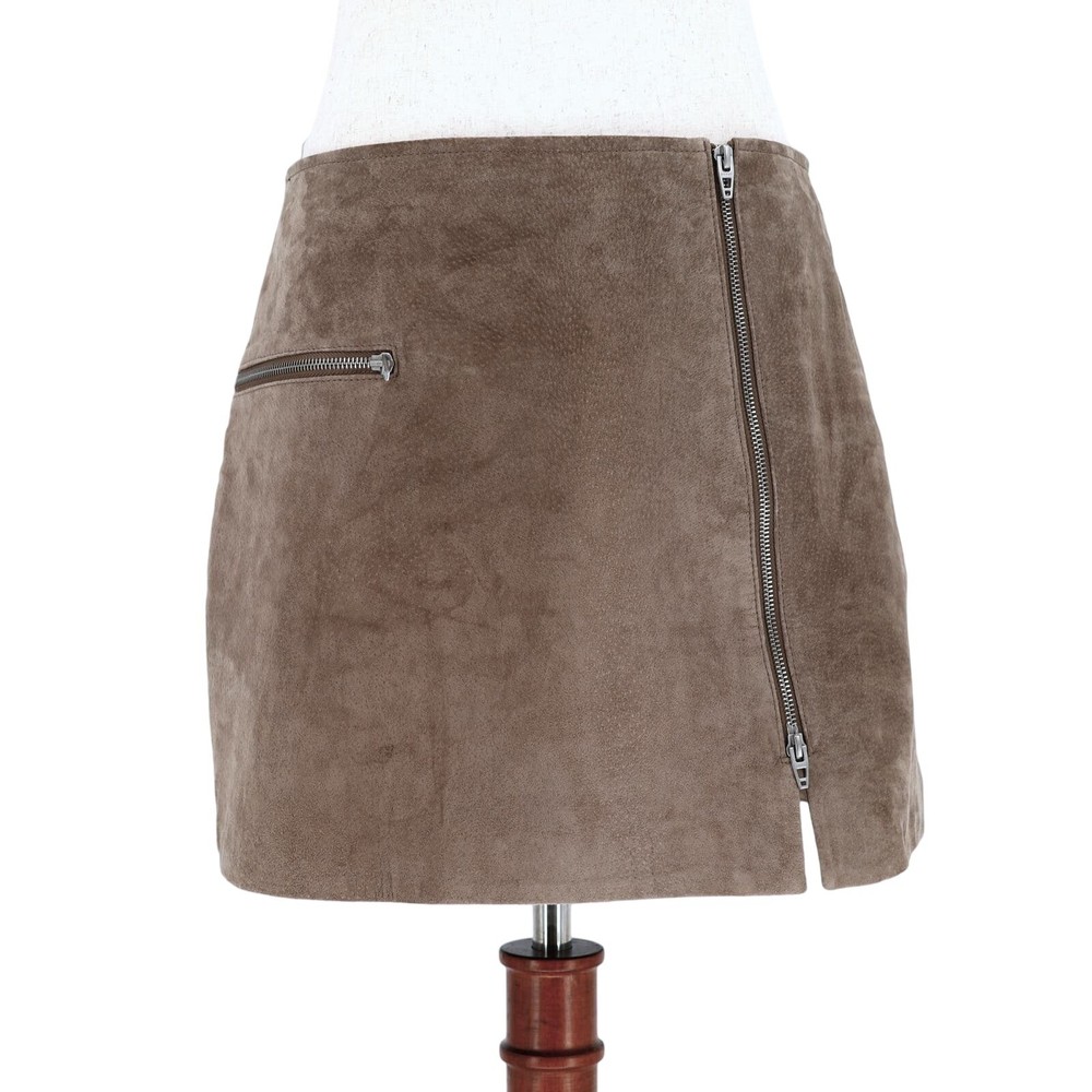 BLANK NYC Women Tan Suede Leather Asymmetric Front Zip Moto Mini Skirt Size 28