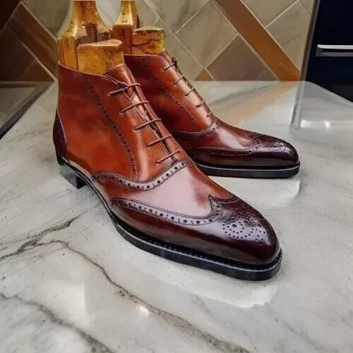 Handmade Tan Brown Genuine Leather Wingtip Lace Up Boots For Men
