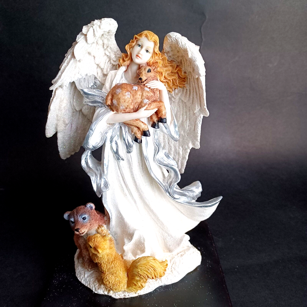 Vintage Ashley Belle Angel Figurine Holding Deer Bear Squirrel with Glitter
