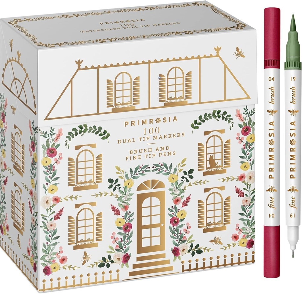 Primrosia 100 Dual Tip Marker Pens, Fineliner and Watercolor Brush Pens