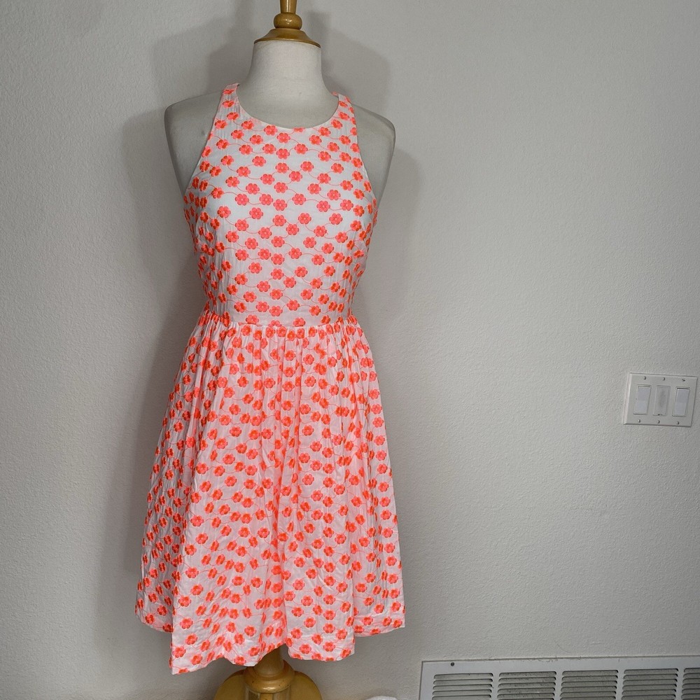 J. Crew Neon Pink Floral Embroidered Dress Size 4 Racerback Fit & Flare EUC