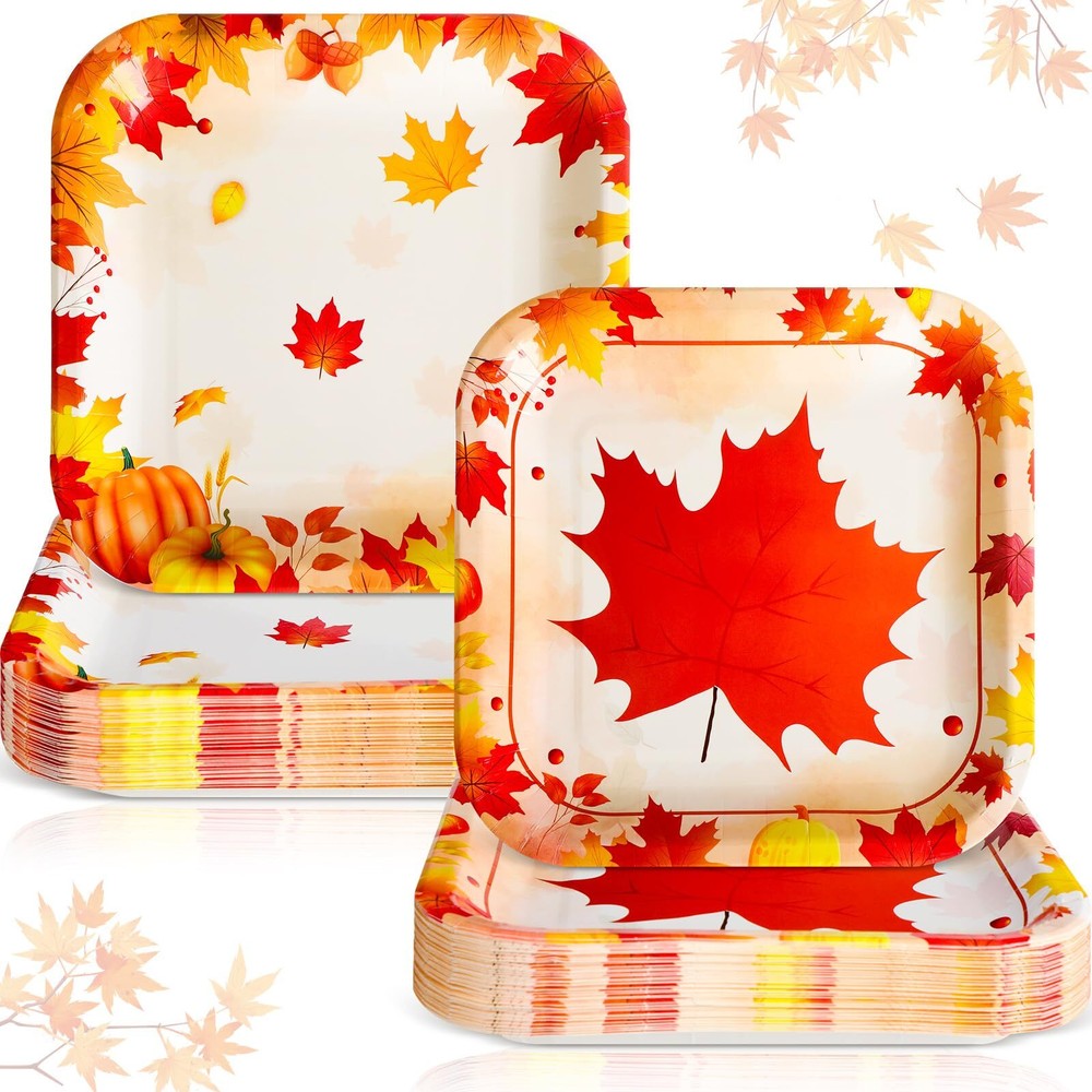 100 Pcs 7 Inch Thanksgiving Paper Plates - Retro Maple Leaf Pumpkin Design for Desserts & Parties  