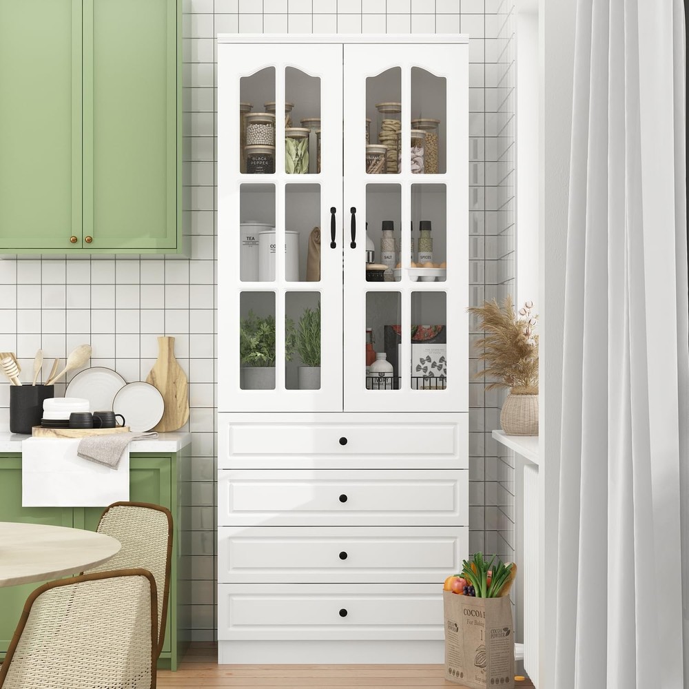 Kitchen Pantry Cabinet with 2 Glass Doors and 4 Drawers, Modern Pantry Storage