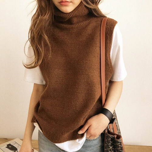 Womens Sleeveless Vest Tank Top Knitted Knitwear Sweater Wool Blend High Neck sz