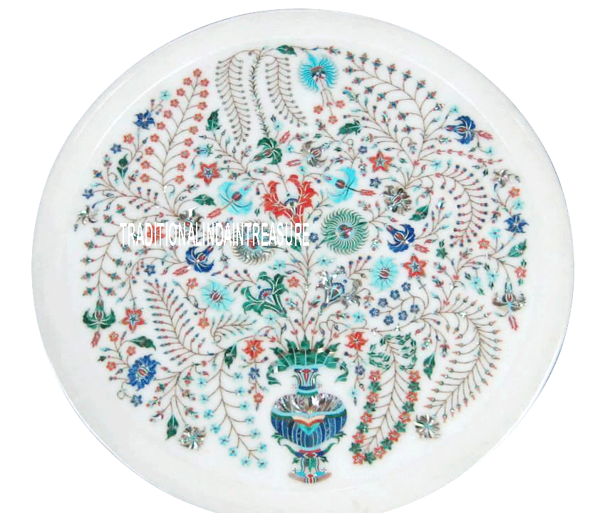 16 Inch Marble Serving Platter Platter Rare Semi Precious Stone Inlaid Kitchen...