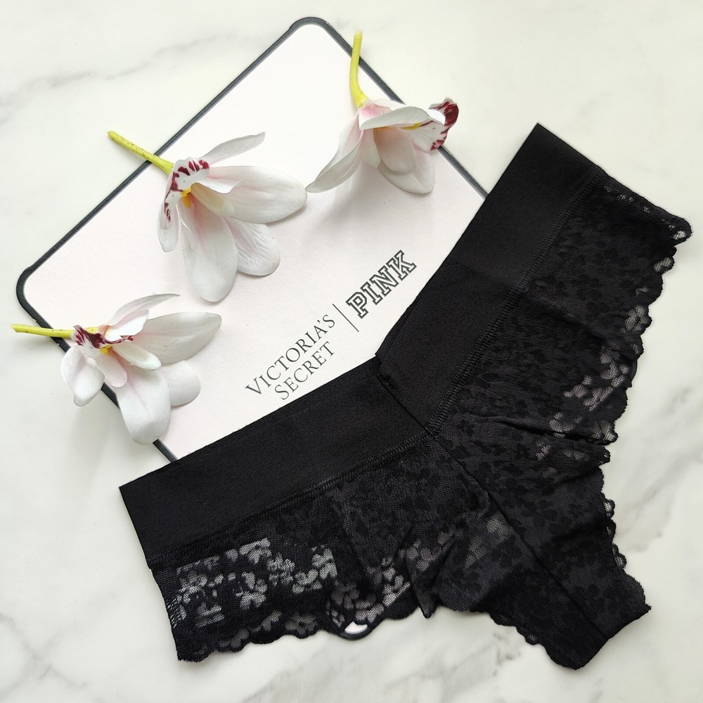 PINK Victoria's Secret No-Show Floral Lace Thong Panty Pure Black Size S/M/L/XL