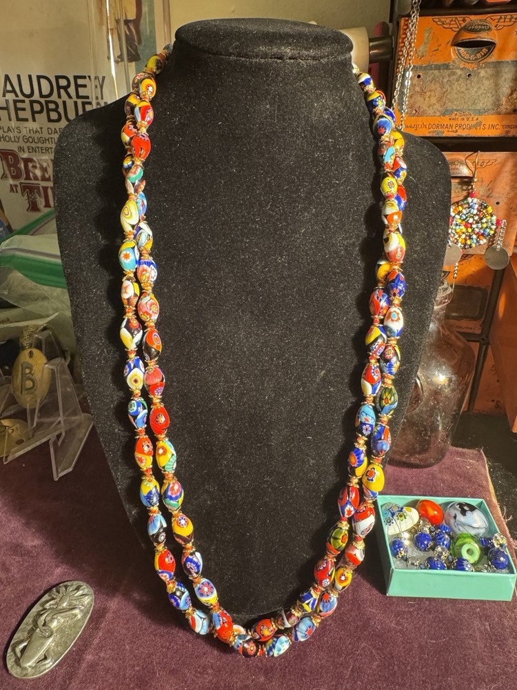 Vintage Venetian Murano Millefiori Art Glass Bead Necklace Rare 49” 1/2 -Italian