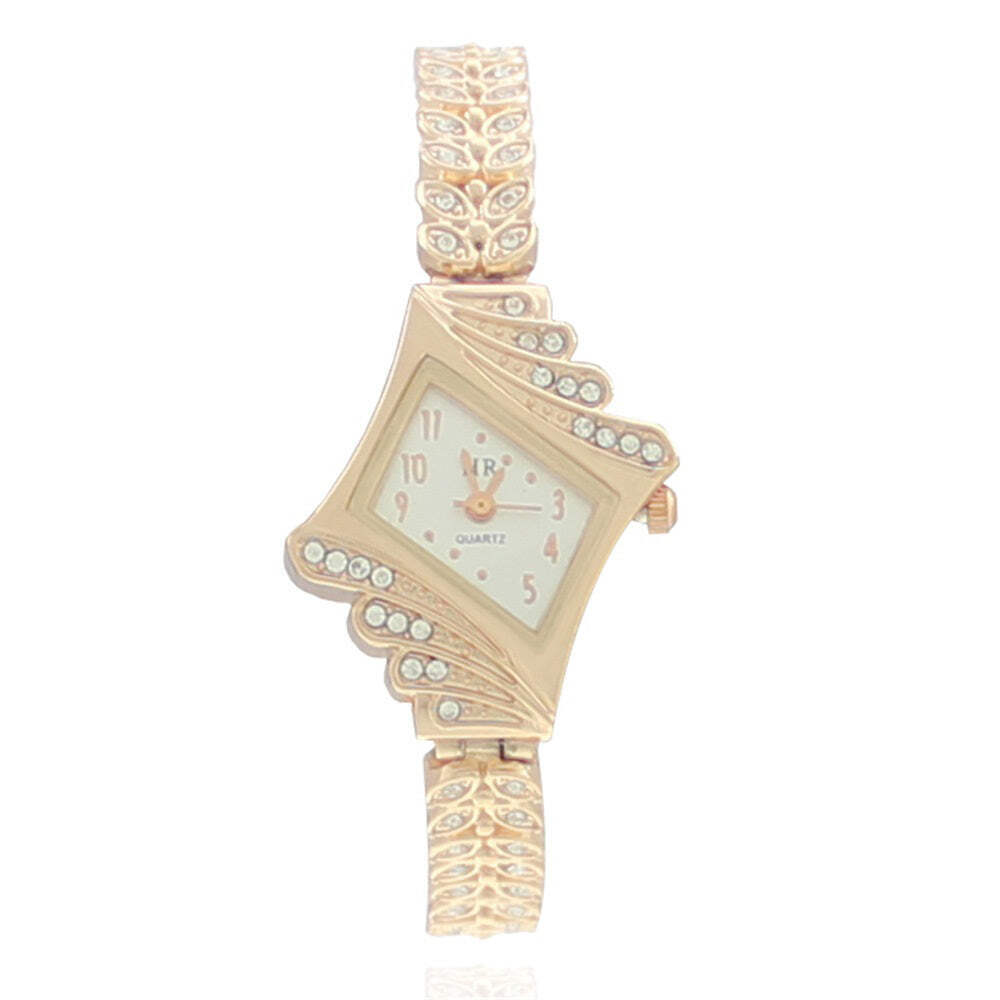 Rose Gold Wheat Shaped Stone-Embedded Metal Watch for Women - Quartz Movement, W