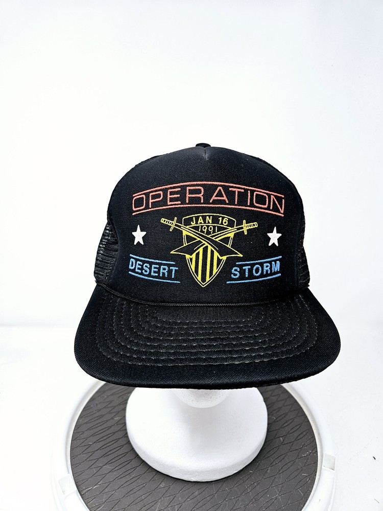 Vintage 90s Desert Storm Black Mesh Trucker Hat Military Cap Fast Shipping
