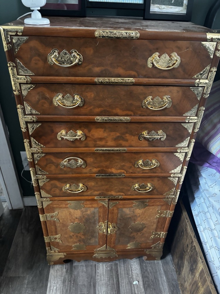 Vintage Korean Elm Burl Brass Bound Bandaji Scholars Chest Wedding Cabinet Felt