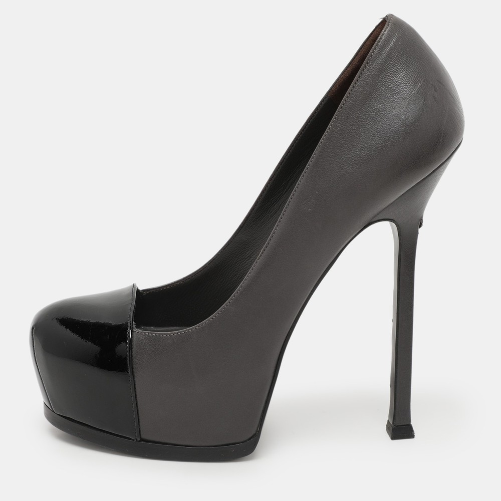 Saint Laurent Paris Grey Black Leather Tribtoo Platform Pumps Size 38 EU
