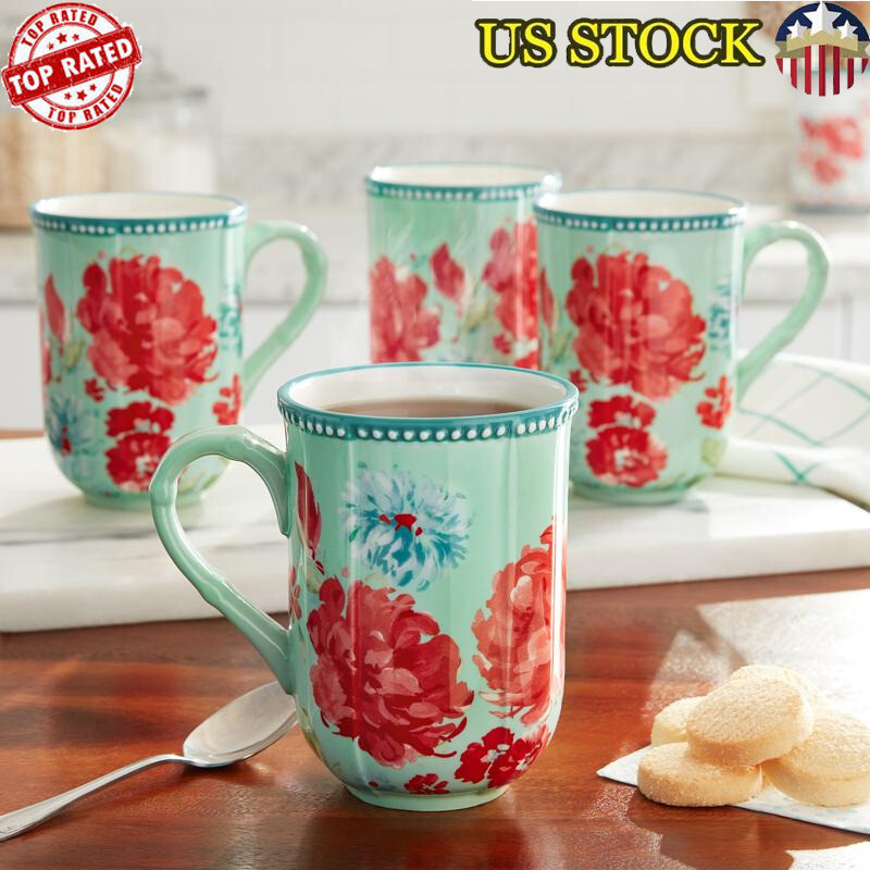 Elegant 4-Piece Garden Stoneware Mug Set with Floral Design Dishwasher and Microwave Safe