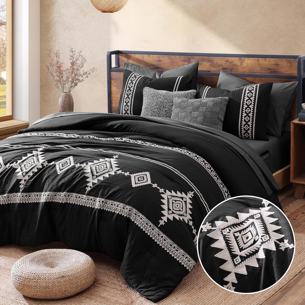 Embroidery Queen Size Comforter Set Black, Boho Farmhouse Western Bedding Set 7