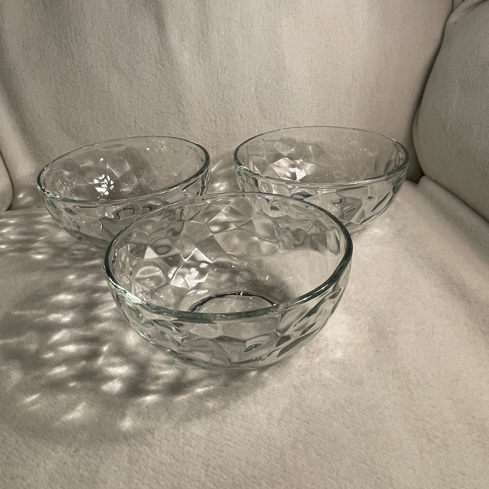 Clear Glass Faceted Dinner Soup Cereal Fruit Bowls Set of 3