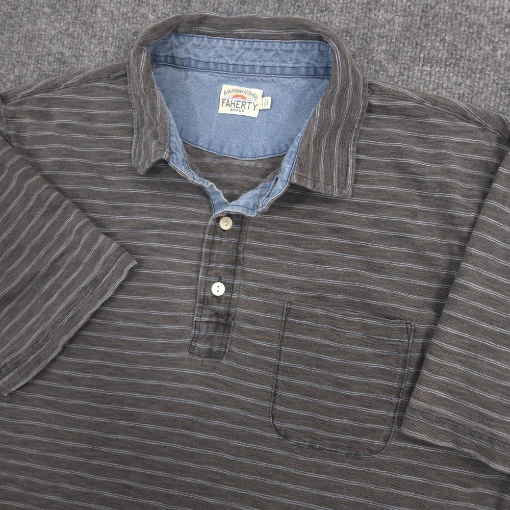 Faherty Polo Shirt Mens L Gray Blue Striped Indigo Dyed Organic Cotton Casual
