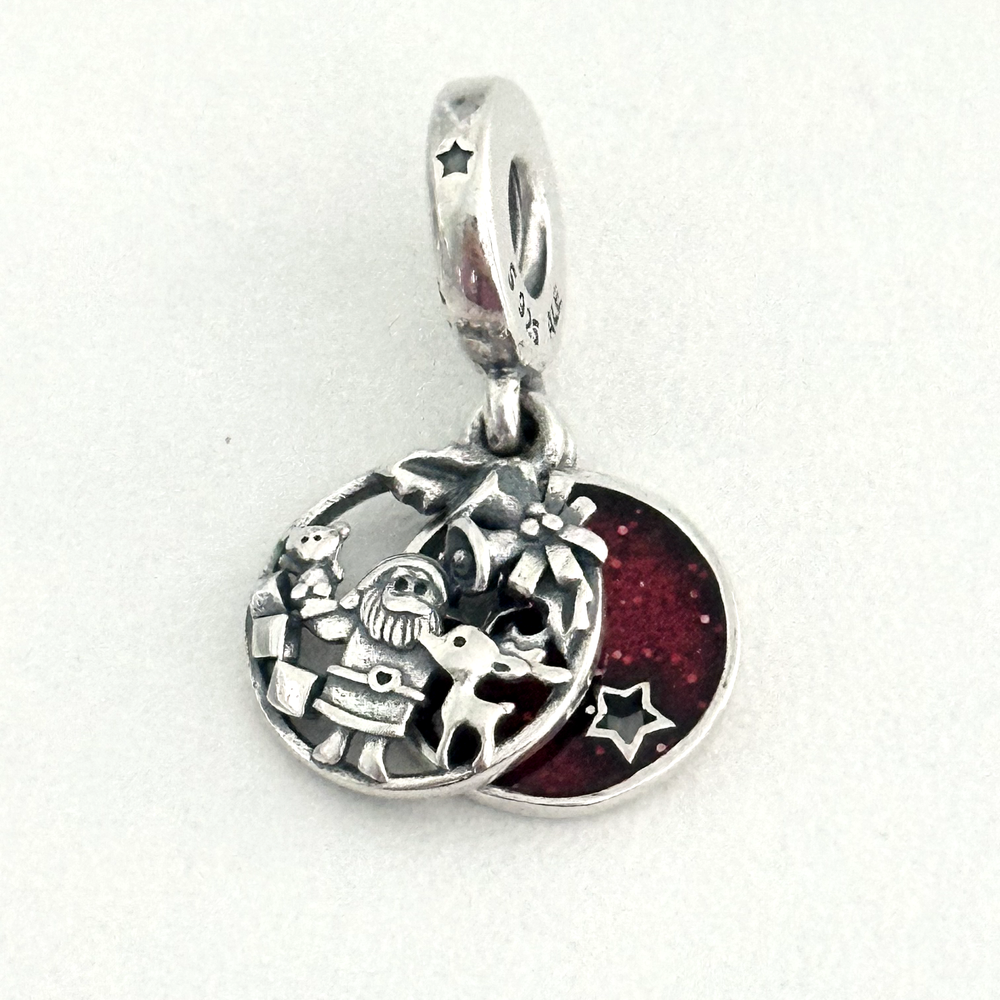 Pandora 925 Sterling Silver Santa Christmas Holiday Charm with Love Peace Joy Red Enamel