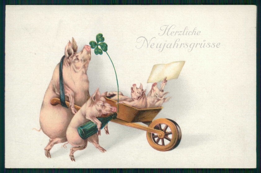 Pig Happy New Year Four Leaf Clover Good Luck 1730 postcard TC5010