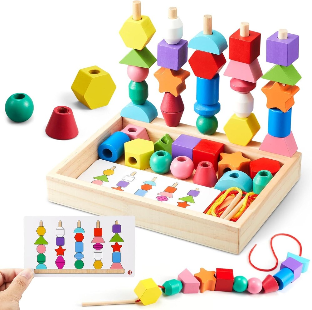Montessori Wooden Toys Set with Lacing Beads Stacking Blocks and Shape Matching