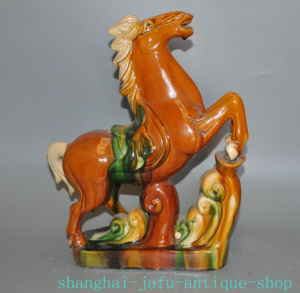 Old Dynasty Tang Sancai Pottery Porcelain Lucky Horse Figurine Animal Statue Sculpture Ancient Chinese Art