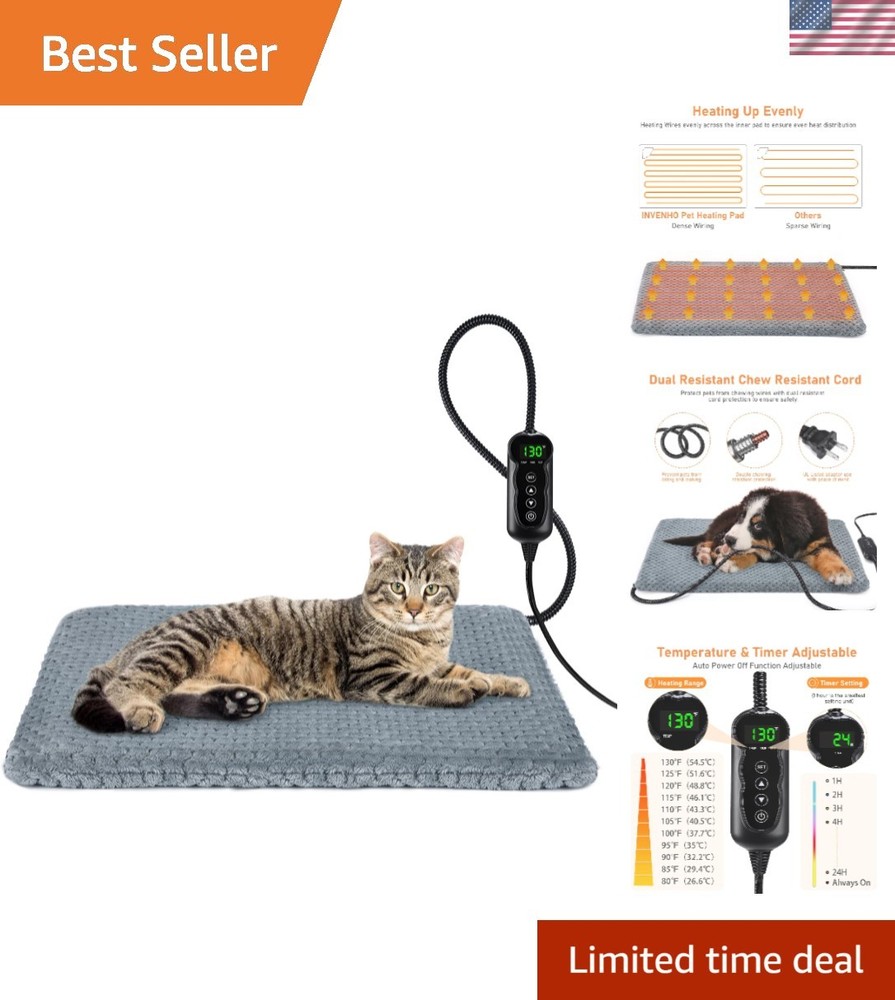 Adjustable Heated Cat Bed & Dog Pad - Waterproof, Timer Function, 18'' x 16''