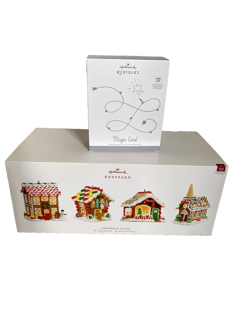 2018 Hallmark GINGERBREAD VILLAGE Set of 4 w/Magic Cord - NEW
