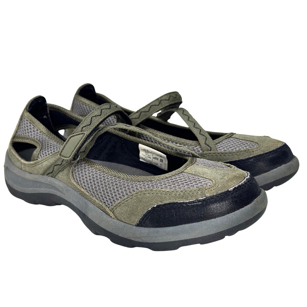 Lands' End Mary Jane Shoe Green Gray Mesh Leather Hiking Walking Water Womens 8D