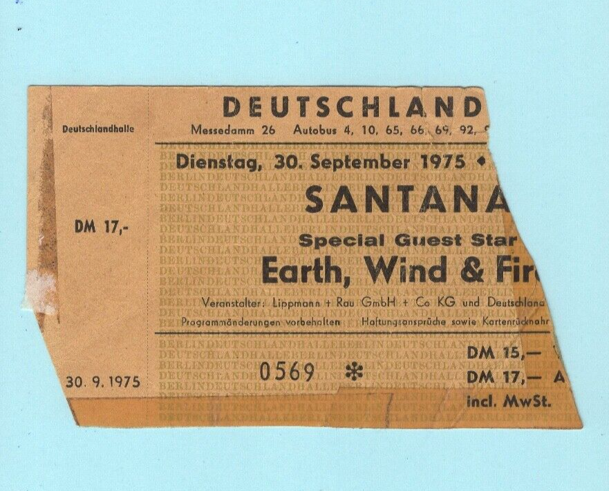 Santana and Earth Wind & Fire Concert Ticket Stub Berlin, Germany Oye Como Va