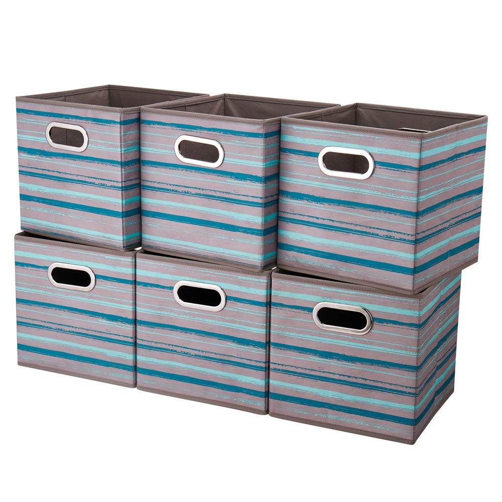 6 Cube Storage Bins Teal Stripes Gradient Foldable 10.5x10.5x11 Inch Organizer