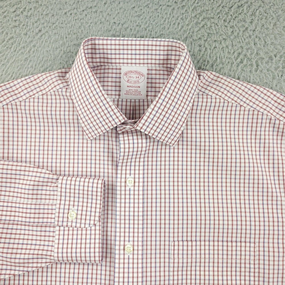 Brooks Brothers Dress Shirt Mens 15.5 Red Check Madison Non Iron Cotton