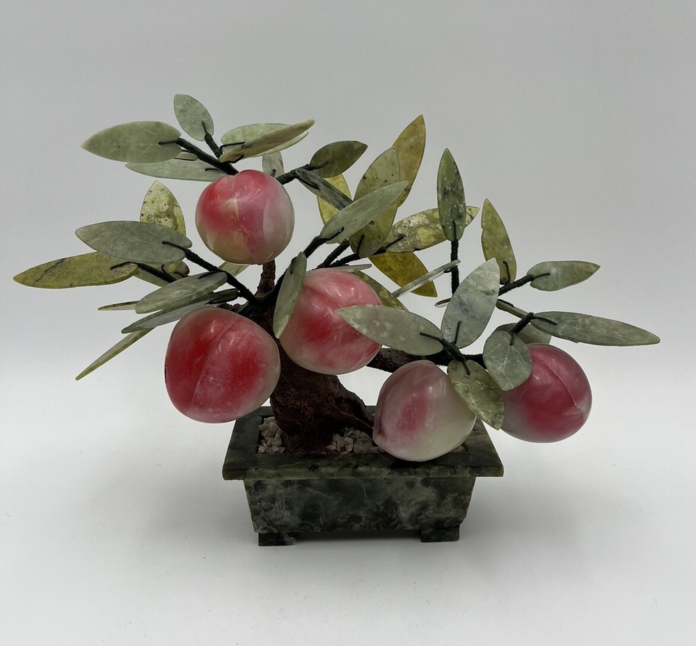 Vintage Asian Hand-Carved Jade & Stone Bonsai Tree Plant Peaches Plums