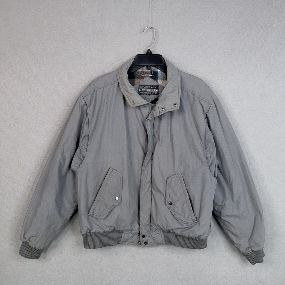 Vintage Members Only Jacket Mens 42 Gray Bomber Fleece Plaid Lined Classic